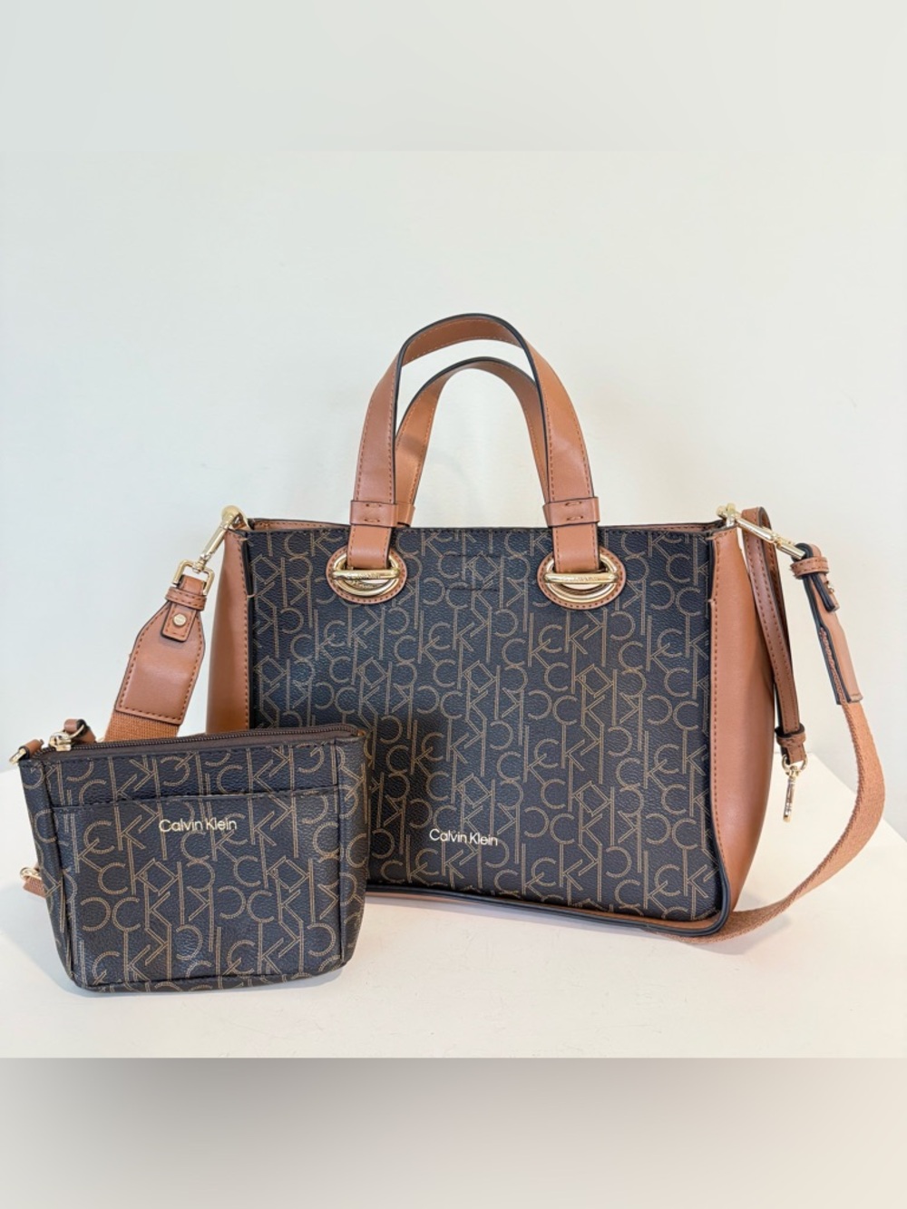 Calvin Klein Vegan Leather Satchel Crossbody Purse Canvas Strap Monogram & Extra